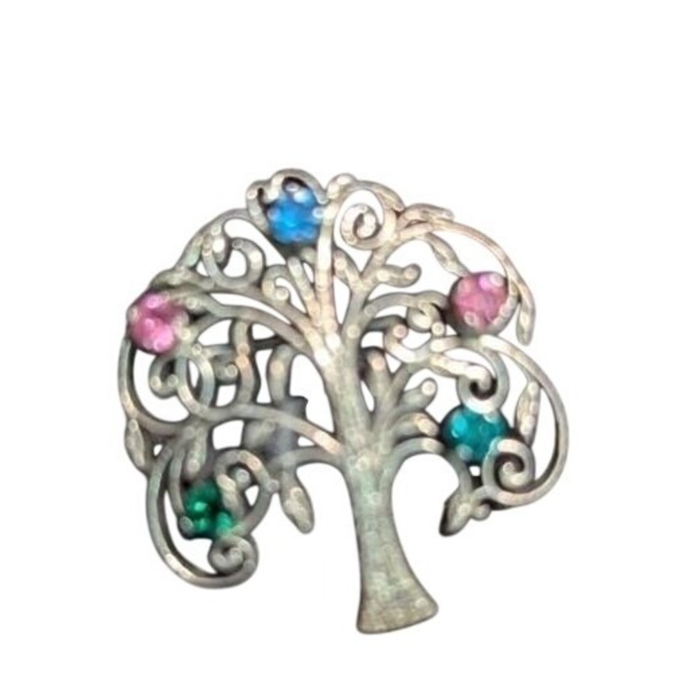 Anson Sterling‎ Silver Tree of Life Brooch Pin Multi-Color Rhinestone Vintage